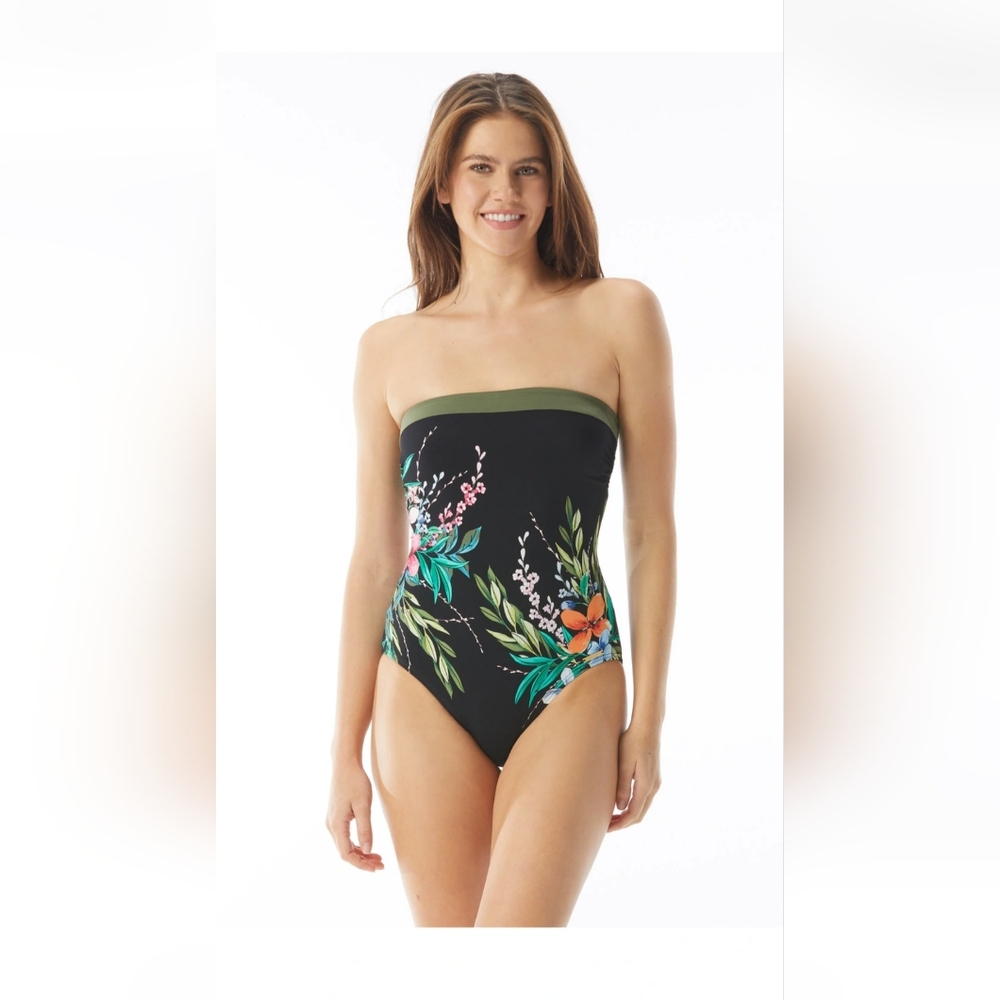 Vince Comoto Lace Back Bandeau one piece Swimsuit size S(6). Black floral print